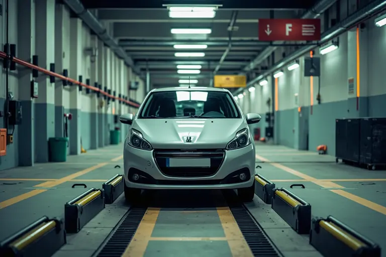 Coche en una línea de inspección técnica