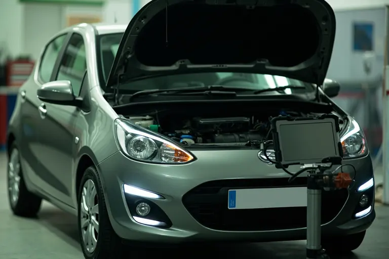 Motor de un coche abierto junto a un equipo de diagnóstico